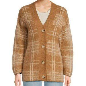 Vince Alpaca Blend Plaid Cardigan Sweater M/L | Tan & Ivory Button Front | NWT